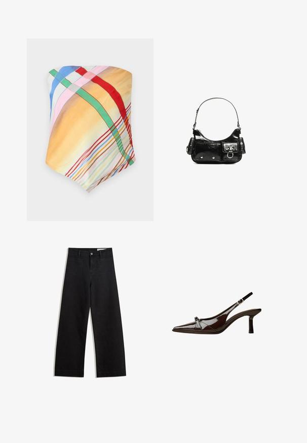 Mnohofarebný šál s kockovanými vzormi v žltej, modrej, ružovej, červenej a zelenej farbe. Vyrobený z ľahkej, hladkej tkaniny s jemnou textúrou.; Čierne denimové nohavice s širokými nohavicami a vysokým pásom, so prednými a zadnými vreckami, šitými švami a zapínaním na gombík. Hladká textúra.; Hnedá laková slingback obuv s špicatou špičkou, nízkym opätkom a dekoratívnou mašľou vpredu. Hladká, lesklá štruktúra.; Čierna laková kožená kabelka s ohnutým tvarom, jedným ramenným popruhom, prednými vreckami a striebornými kovovými doplnkami.