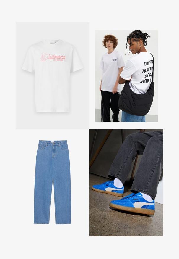 Balta kokvilnas t-krekls ar īsām piedurknēm, ar rozā grafisku ilustrāciju un tekstu "leptomanicx CLUB CULINAIRE" priekšā.; Gai zili džinsi ar taisnu piegriezumu, piecu kabatu dizainu, vienu pogu aizdari un diskrētu šuvju detaļu.; Zilās zamšādas kedas ar baltiem akcentiem un melnu zīmolu, aprīkotas ar gumijas zoli. Valkātas ar tumši pelēkiem biksēm un baltām zeķēm.; Melna kvadrāta plecu soma ar mīkstu faktūru, ko valkā persona baltā grafiskā T-kreklā ar uzsvērtu tekstu. Gadījuma apģērbs ar džinsiem.