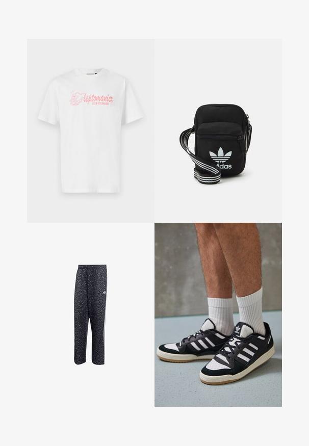 Hvid bomulds t-shirt med korte ærmer, prydet med en pink grafisk illustration og teksten "leptomanicx CLUB CULINAIRE" på forsiden.; Sorte træningsbukser med leopardmønster, der har et hvidt tre-stribet design og et atletisk mærkes logo på siden.; Sorte og hvide sneakers med en overdel i ruskind og læder, der har tre hvide striber, en perforeret tå og en sål i gummigummi.; Sort stof crossbody tas med lynlås, der har et hvidt Adidas-logo og en stribet justerbar rem for nem bæring.