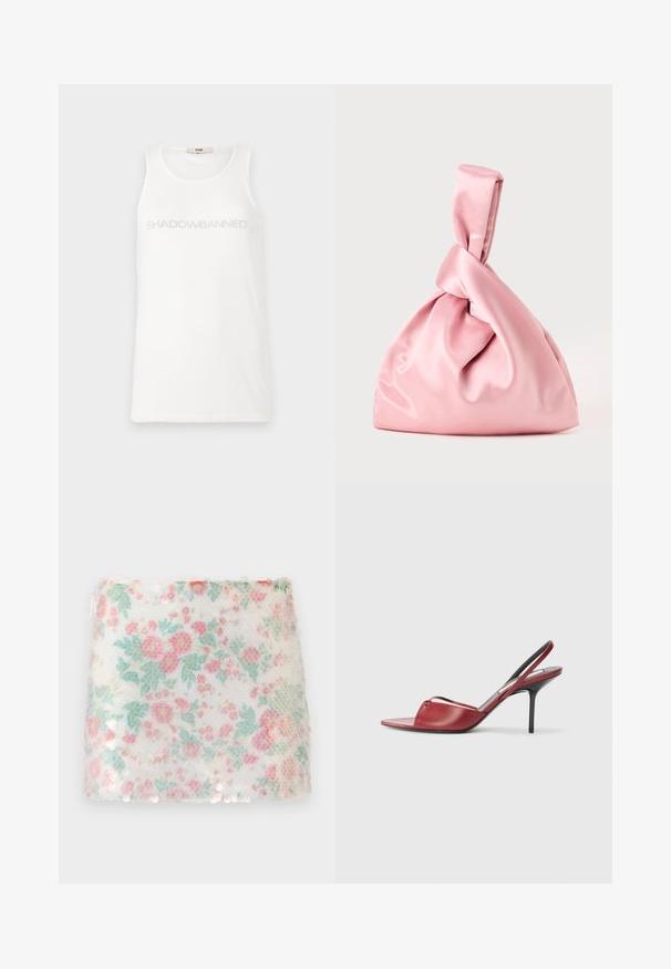 White tank top made of soft fabric. Features the text "SHADOWBANNED" in light gray across the chest. Simple, sleeveless design.; Floral-patterned white fabric with pastel pink and green flowers, featuring a textured surface and subtle sequins along the bottom edge.; Red leather slingback heeled sandal with a pointed open toe design, thin strap across the foot, and a narrow stiletto heel.; Pink satin bag with a knotted top, featuring a smooth texture and a soft, rounded shape. Designed for a secure, gathered appearance.; Silver ring featuring colorful gemstones: red, green, pink, and blue. Textured band with protruding accents. Circular shape.