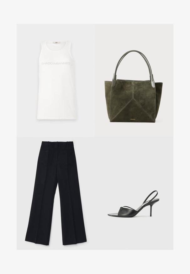 Top alb din bumbac moale. Prezintă textul "SHADOWBANNED" în gri deschis pe piept. Design simplu, fără mâneci.; Pantaloni largi negri, confecționați dintr-un material neted, cu talie înaltă, două buzunare la spate și pliseuri subtile în față pentru un plus de formă.; Cizme cu toc înalt din piele neagră, cu vârf ascuțit, curea subțire la glezne și toc stiletto. Prezintă un detaliu legat pe vamp.; Geanta tote din suede verde măslin cu un model geometric de cusături, mânere din piele gri și un logo auriu pe bază. Textură moale, design spațios.