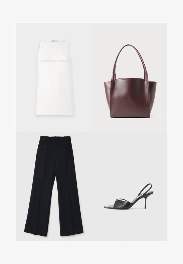 Witte tanktop van zacht materiaal. Verdere kenmerken zijn de tekst "SHADOWBANNED" in lichtgrijs over de borst. Eenvoudig, mouwloos ontwerp.; Zwarte wijd uitlopende broek gemaakt van een gladde stof, met een hoge taille, twee achterzakken en subtiele voorplooien voor extra vorm.; Zwarte leren slingback hakken met een spitse neus, dunne enkelband en stiletto hak. Bevat een geknoopte detail op de bovenkant.; Donkerbruine leren tote bag met twee handvaten en geometrische paneelstiksels, voorzien van kleine gouden merktekst nabij het midden onderaan.