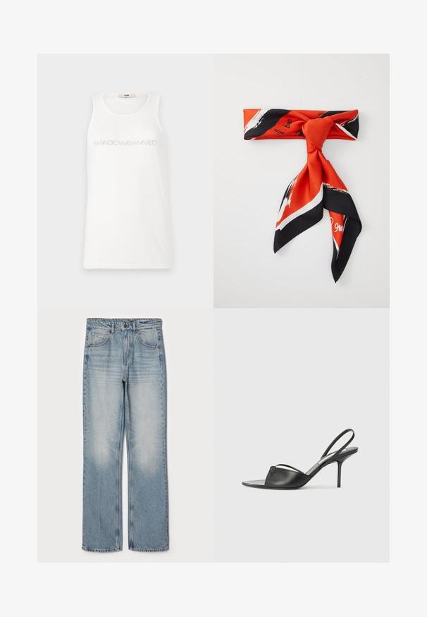 Top sin mangas blanco hecho de una tela suave. Presenta el texto "SHADOWBANNED" en gris claro en el pecho. Diseño simple y sin mangas.; Jeans de mezclilla azul claro con corte recto, que cuentan con una cintura alta, diseño de cinco bolsillos y un ligero desvanecimiento en los muslos y las rodillas.; Tacones slingback de cuero negro con punta afilada, tira delgada en el tobillo y tacón de aguja. Presenta un detalle anudado en el empeine.; Bufanda de seda roja y negra con un diseño anudado, que presenta patrones de pinceladas blancas y elementos de texto a lo largo de los bordes.