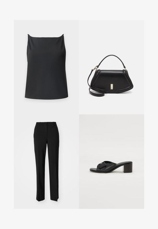 Svart tanktopp med ribbet tekstur, med rett utringning, tynne stropper og en avslappet passform. Ingen synlig maskinvare eller mønstre.; Sorte skreddersydde bukser med rett silhuett, med en glatt tekstur og klare pressede bretter foran. Ingen synlig maskinvare.; BOSS CHARLIZE - Sandaler - black; Sort lærveske med en strukturert design, som har en avkortet form, topphåndtak og detaljer i gull. Justerbar skulderstropp inkludert.