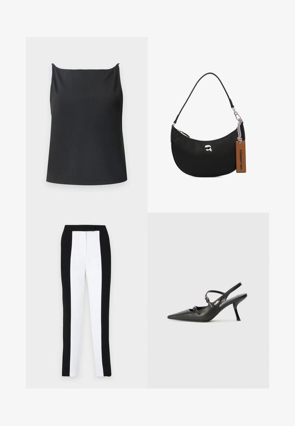 Top sin mangas negro con una textura acanalada, que presenta un escote recto, tirantes finos y un corte relajado. Sin herrajes ni patrones visibles.; Pantalones ajustados de corte tapered en blanco y negro, con un ajuste slim y paneles en contraste. La tela tiene una textura suave; la cinturilla es plana y ajustada.; Tacones slingback de cuero negro con punta afilada, tacón delgado y detalle decorativo de hebilla en la parte superior. Textura suave y diseño elegante.; Bolso de mano de cuero negro con textura granulada, forma curvada, cierre superior con cremallera, herrajes plateados y una etiqueta marrón. Presenta un acento con el logotipo.