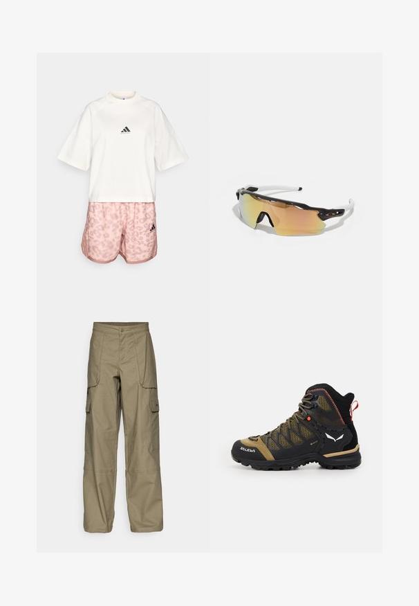 adidas Performance TEE - Marškinėliai su spaudiniu - chalk white; Alyvuogių žalios spalvos cargo kelnės, pasižyminčios laisvu siluetu, keliais šoninėmis kišenėmis ir sagčių uždarymu juosmens srityje. Lygi tekstūra.; Vidutinio aukščio žygio batai juodos ir alyvuogių spalvos, su tinklo viršumi, guminėmis padais ir tekstūruotomis detalėmis bei galine traukimo juostele.; Akiniai nuo saulės su juodai balta rėmu, dideliais veidrodiniais objektyvais auksinėmis ir rožinėmis atspalviais, aerodinaminis dizainas ir išplėstas išorinis rėmelis.