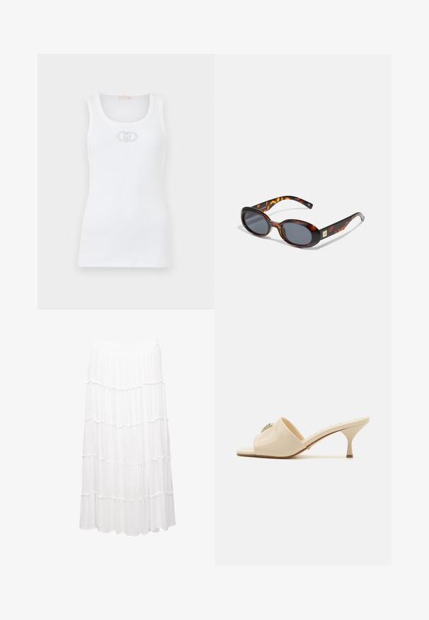 Canotta bianca a coste con scollatura rotonda e dettaglio del logo ricamato al centro. Presenta un design aderente e una texture morbida.; Gonna bianca a strati realizzata in tessuto leggero, con una cintura elastica, strati arricciati e un design fluido che arriva fino a metà polpaccio.; Mule sandal aperto in pelle verniciata beige con tacco stiletto basso. Presenta un accento decorativo centrale sulla parte superiore. Finitura liscia e lucida.; Occhiali da sole tartaruga marrone con lenti ovali e tonalità grigio scuro. Presentano un accento in tono oro sulle astine. Texture in plastica liscia.