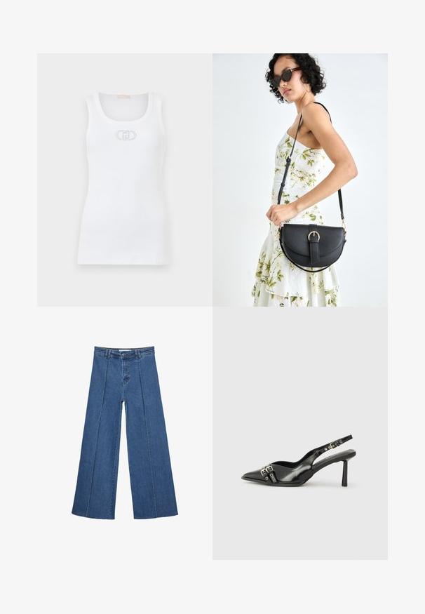 Débardeur blanc à côtes avec un col dégagé et un logo brodé au centre. Présente une coupe ajustée et une texture douce.; Jeans en denim à jambes larges de couleur bleu moyen, présentant une taille haute, une fermeture à bouton et des détails de couture verticaux contrastants à l'avant.; Chaussure slingback en cuir verni noir avec un embout pointu, des brides de cheville avec des boucles en argent et des éléments en métal, et un talon fin.; Sac à main en cuir noir avec une forme courbée, bandoulière amovible et des accessoires en or. Le sac est doté d'un rabat avec un détail de boucle.