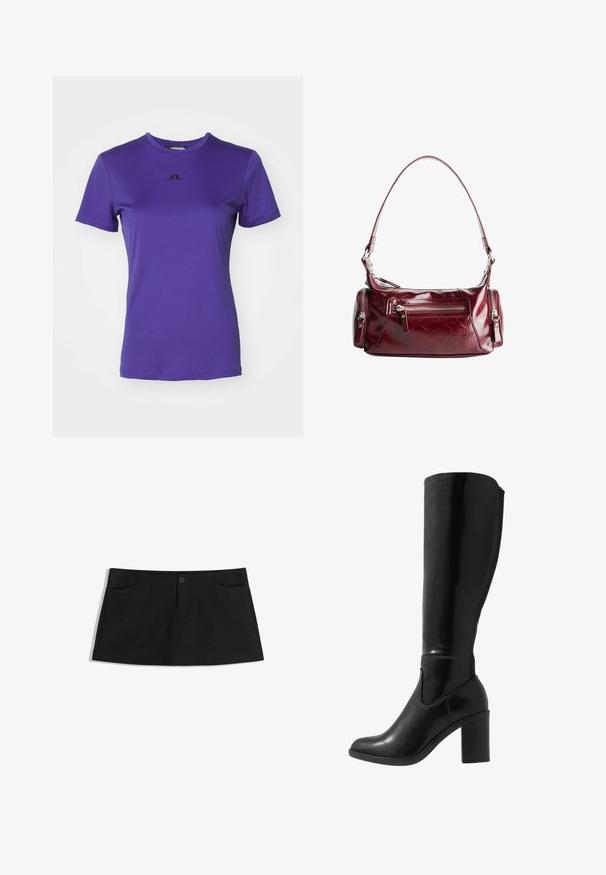 Fialové tričko s krátkym rukávom vyrobené z hladkej tkaniny. Má čierne logo umiestnené na strede hrudníka. Okrúhly výstrih a štandardný strih.; Čierna sukňa po kolená vyrobená z jemnej tkaniny. Má dve predné vrecká a jednoduché zapínanie na gombík v páse.; Čierne lesklé čižmy s vysokým podpätkom s okrúhlou špičkou, hladkou textúrou, bočným výrezom a robustným zloženým podpätkom.; Lesklá tmavočervená kožená taška na plece s predným zipsovým vreckom a dvoma malými bočnými zipsovými priehradkami.