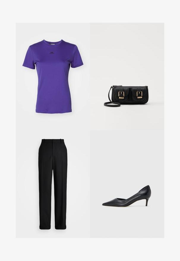 Lila kortärmad t-shirt i mjukt tyg. Har en svart logotyp centrerad på bröstet. Rund hals och standard passform.; Polo Ralph Lauren HIGH RISE RELAXED STRAIGHT TROUSER - Tygbyxor - black; Svart läderpumps med spetsig tå och låg klack. Har en slät textur och subtil glans. Öppet utskuret fram för extra detalj.; Svart läderaxelväska med två framfickor, guldspännen, dragkedjestängning och en smal rem. Texturerad yta och kompakt rektangulär form.