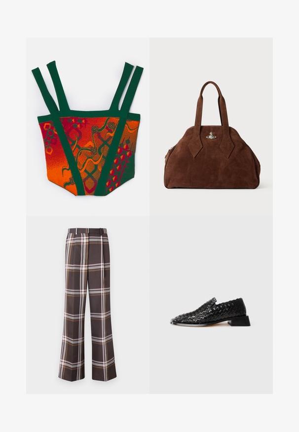 Kolorowy, wypleciony top z wzorami w odcieniach pomarańczowym, czerwonym i zielonym. Projekt zawiera szerokie ramiączka oraz wyraźne motywy geometryczne i abstrakcyjne.; Stine Goya - Spodnie materiałowe; Czarne skórzane buty wsuwane z plecionym wzorem, niskim blokowym obcasem i falbaniastym wykończeniem, prezentowane na białym tle.; Brązowa torebka z zamszu o usztywnionym kształcie, zaokrąglonym korpusie i wydłużonych uchwytach w kształcie diamentu. Charakteryzuje się srebrnym zamknięciem.