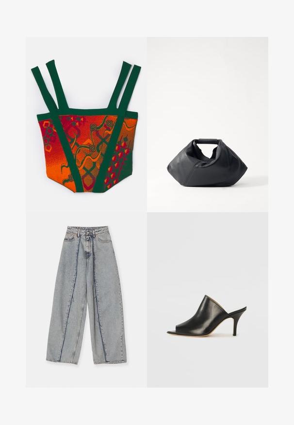 Colorful knitted top featuring orange, red, and green patterns. Design includes wide straps and distinct geometric and abstract motifs.; Light blue wide-leg jeans with frayed edges, a high waist, and contrasting seams. Made of denim, showcasing a relaxed fit and minimal distressing.; Black leather open-toe mule with a sleek, curved design, high stiletto heel, and smooth texture. The interior features a contrasting light color.; Black leather bag with a textured exterior, unique crumpled shape, and a short handle. Features a single main compartment.