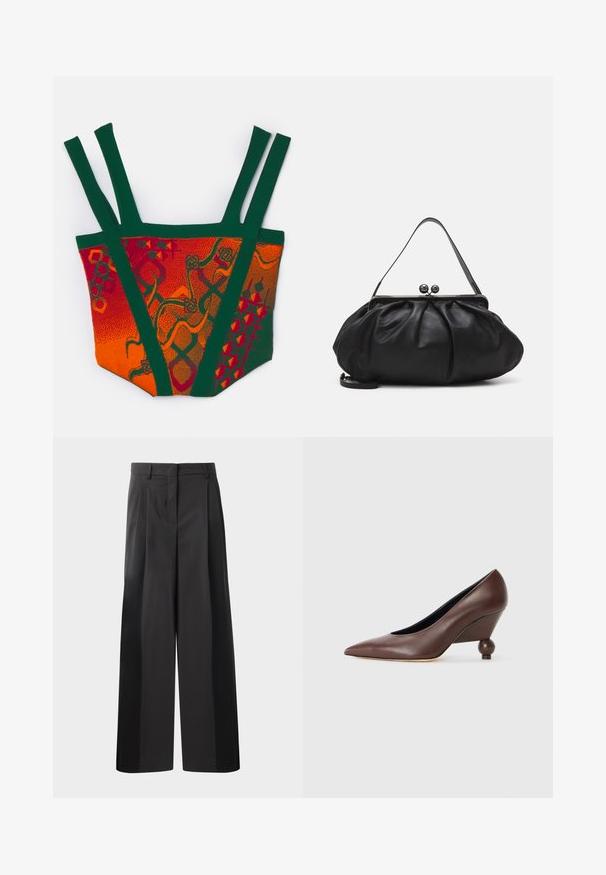 Colorful knitted top featuring orange, red, and green patterns. Design includes wide straps and distinct geometric and abstract motifs.; Black wide-leg trousers with a high waist, featuring front pleats, a smooth texture, and a tailored finish. Designed for a relaxed fit.; Brown leather wedge pump with a pointed toe and a rounded, ball-shaped heel. Smooth texture with a simple design and minimal accents.; Black leather handbag with a rounded, pleated design. Features a metallic clasp with two decorative balls and a slim, detachable strap.