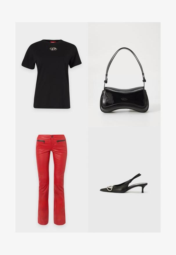 Mustmust t-särk lühikeste varrukatega ja ümarat kaelust. Esiküljel on keskel hõbedane logo detail. Sile tekstuur.; Punased nahkpüksid tekstureeritud viimistlusega, millel on kaks lukuga esikotid ja sobiv disain, mis laieneb veidi pahkluu juures.; Must tassu mustast nahast, millel on terav varvas, hõbedane logoaksent ja väike konts. Sile tekstuur ja minimalistlik disain.; Must musta nahk käekott, millel on kumer kuju, üks käepide ja ümardatud põhi. Ees on peen logo detail.