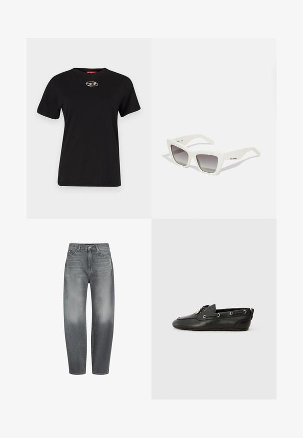 Tricou negru din bumbac, cu mâneci scurte și guler rotund. Prezentare a unui detaliu cu logo argintiu, centrat pe piept. Textură fină.; Blugi din denim gri estompat cu o croială relaxată, design cu cinci buzunare și detaliu cu logo pe lateral. Material texturat cu cusături standard.; Pantofi de barcă din piele neagră, cu vârf rotund, închidere cu șireturi, cu ochiuri metalice și talpă plată. Au un mic tab de prindere în spate.; Ochelari de soare supradimensionați, albaștri, cu un finisaj mat, design unghiular, lentile gri cu un gradient și branding subtil pe braț.