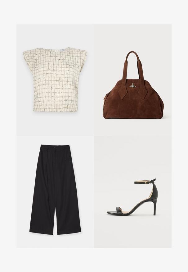 Iro XUNG - Blouse - ecru/silver; Black wide-leg trousers made of a smooth fabric, featuring a high waist, front pleats, a button closure, and a straight silhouette.; Black leather high-heeled sandal with an ankle strap. Features a smooth texture, open toe, and a thin heel. Gold-toned buckle detail.; Brown suede handbag with a structured shape, rounded body, and elongated diamond-shaped handles. Features a silver hardware closure.