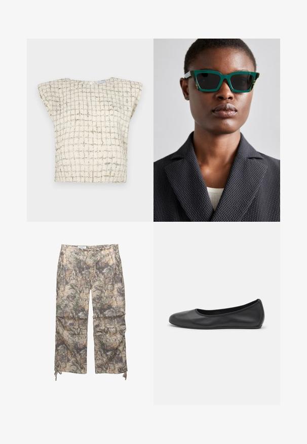 Iro XUNG - Bluse - ecru/silver; Camo-mønstrede bukser lavet af letvægtsstof, med elastisk taljebånd, sidelommer og justerbare snore ved anklerne.; Sort læderballetsko med rund tå, glat tekstur, minimal syning og et fleksibelt såldesign.; Grønne og mønstrede solbriller med en geometrisk ramme; mørke linser; modellen bærer en struktureret sort blazer over en lys top.; Sort syntetisk skuldertaske med en buet silhuet, tekstureret overflade, gyldent trekantet logo og aftagelige hardware-detaljer.