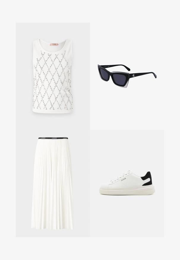Canottiera bianca a coste con un motivo a diamante realizzato in piccole perline d'argento. Scollatura tonda, design senza maniche e vestibilità regolare.; Gonna bianca plissettata con elastico nero in vita che presenta il logo "LACOSTE". Design di lunghezza media con texture morbida.; Sneaker bianchi in pelle con suola spessa bianca, accento in suede nero sul tallone e logo impresso sul lato. Design con lacci e sei fori per i lacci.; Occhiali da sole oversize neri dalla forma geometrica, con lenti scure e un dettaglio grigio a contrasto sulla montatura. Logo sul braccio.