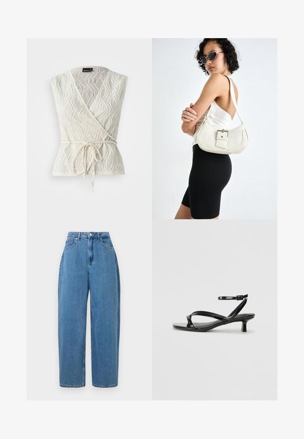 Top blanco de tela texturizada con un patrón de olas. Presenta un lazo en la cintura y un diseño de escote en V profundo.; Pantalones de mezclilla de color azul claro con un ajuste de pierna recta, cintura alta y cierre frontal con botón. Cuenta con cinco bolsillos y detalles de costura mínimos.; Sandalía de charol negro con tacón bajo, que presenta correas entrecruzadas y una correa de tobillo ajustable. Superficie lisa y brillante.; Bolso de piel blanco con forma curvada, correa ajustable y un pequeño detalle de hebilla. La modelo lleva un conjunto negro ajustado.
