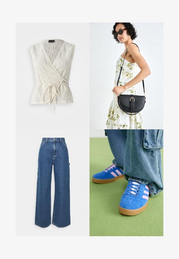 Valge ümbritseva pluus, mis on valmistatud tekstureeritud kangast lainelise mustriga. Omab sidumist vöökohal ja sügavat V-kaelust.; Laiene jalad sinised denim püksid kõrge vöökohaga, kontrastsete õmblustega ja küljetaskutega, klassikalise viie taskuga disainiga ja toore servaga.; Sinised sametkingad roosade triipudega ja valgete paeltega, millel on kummist tallad, kombineeritud laia teksapükstega rohelisel pinnal.; Mustmust mustraha kõverate joontega, eemaldatava rihmaga ja kuldsete detailidega. Kotil on klapp, millel on pandladetail.