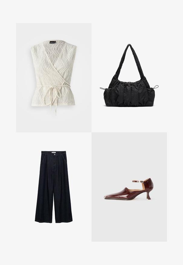 Top alb dintr-un material texturat cu un model în valuri. Are un legătură în talie și un decolteu adânc în formă de V.; Pantaloni largi din denim închis, cu talie înaltă, având un închidere cu nasture frontal, două buzunare laterale și detalii de cusătură.; Pantof burgundiu din piele lăcuită, cu vârf ascuțit, curea la gleznă și toc conic de 5 cm. Textură netedă și design minimalist.; Geantă de mână din țesătură neagră cu textură pliată, două curele de umăr și închidere cu șnur pe laterale. Material neted și ușor.