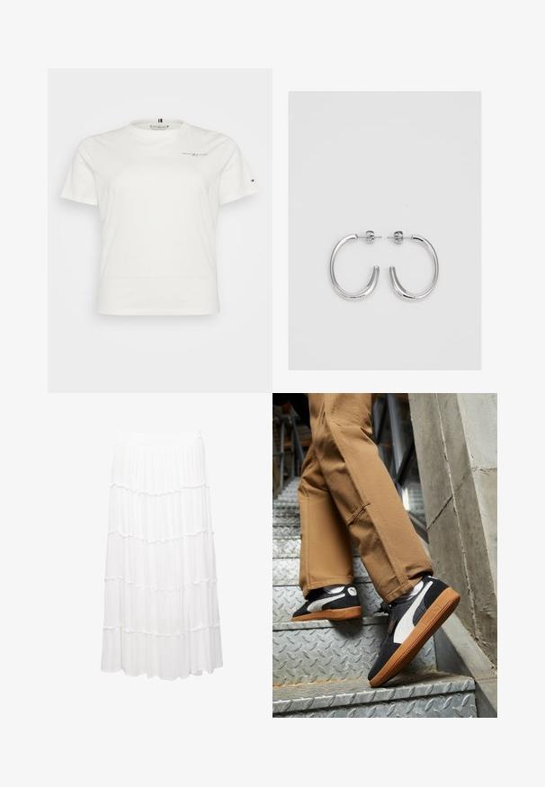 Tommy Hilfiger Curve 1985 MINI CORP - T-Shirt basic - ecru; Helles blaues Hemd mit vertikalen weißen und blauen Streifen, ausgestattet mit einem klassischen Kragen und langen Ärmel mit geknöpften Manschetten.; Weiße, gestufte Rock aus leichtem Stoff, mit einem dehnbaren Bund, Rüschenschichten und einem fließenden Design, das bis zur Mitte der Wade reicht.; Schwarze und graue Wildledersneaker mit weißen Akzenten und Gummisohlen, getragen zu beigen Hosen während des Aufstiegs auf metallene Treppen.; Silberne Creolen mit einer glatten, glänzenden Oberfläche. Abgerundete Form, leichtes Design, mit einer Steckverschluss.