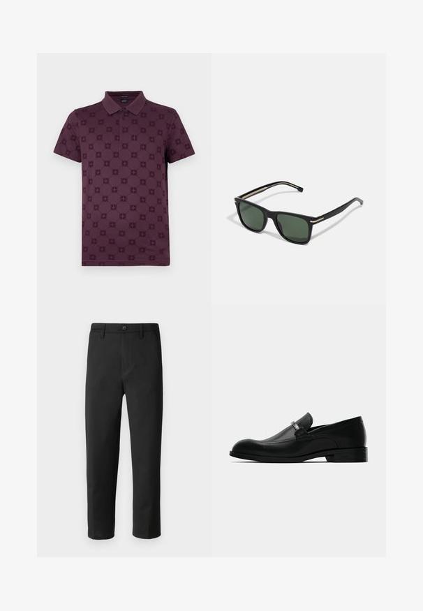 Polo de culoare burgundy cu un model texturat de motive circulare, guler clasic și placket cu două nasturi; mâneci scurte.; Pantaloni negri cu o croială dreaptă, fabricați dintr-un material neted. Prezintă un închidere cu nasture și bucle pentru curea. Fără modele sau accente vizibile.; Mocasini pentru bărbați din piele neagră, cu detalii din metal la cataramă, toc jos și talpă branduită, prezentate din lateral pe un fond alb.; BOSS Ochelari de soare - black