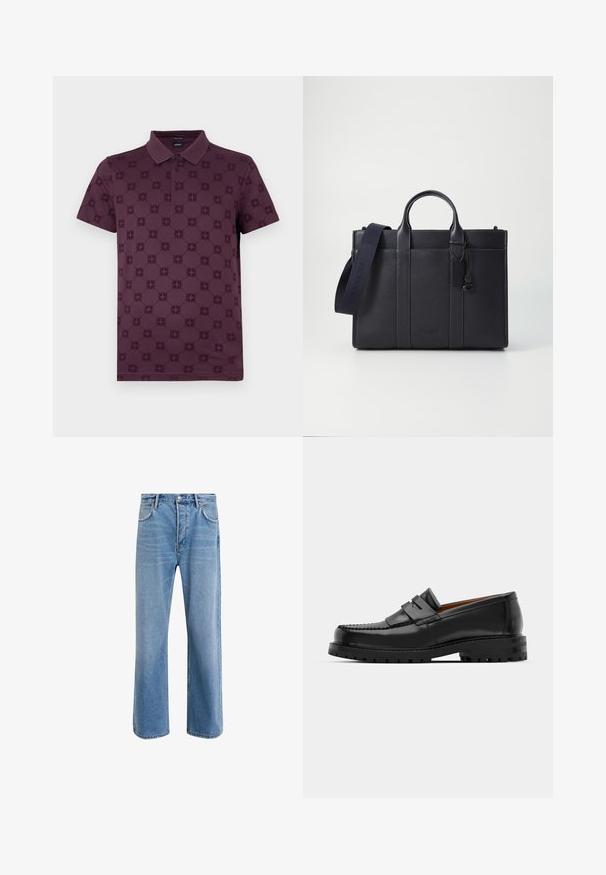 Burgundia polo särk, millel on tekstuuriga mustriga ringikujulised motiivid, klassikaline krae ja kahe nupuga kinnitamine; lühikesed varrukad.; Heledad sinine teksapüksid otse lõikega, viie taskuga, nupuga sulgemine, minimaalne kulumine ja kontrastsed õmbluse detailid.; Mustad mustad nahast kingad on varustatud tõstetud õmblusega, kahe dekoratiivse rihmaga peal, ja paksu tekstuuriga tallaga paremaks haardeks.; Tumedat mere nahkbriefcase kahekordsete ülemiste käepidemetega ja eemaldatava rihmaga. Omab tekstureeritud viimistlust, vertikaalset õmblust ja logodetaili.