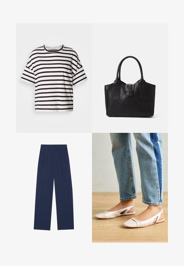 Röövitud must-valge T-särk, lühikeste varrukatega, ümar kaelus, millel on väike tasku vasakul küljel, valmistatud pehmest puuvillakangast.; Tumedat sinised laiad püksid pehmest kangast, millel on esipleekid, sile pind ja sirge lõige, ilma nähtavate taskuteta.; Kahvatu roosa slingback lapikute jalatsite paar, millel on terav varvas, valmistatud siledast nahataolisest materjalist. Omab külgedel lõikekohti ja lapikut kontsa.; Mustgamma nahast kott, millel on sile tekstuur, struktureeritud kuju, kaks käepidet ja esiküljel silmapaistev hõbedane pandla detail.