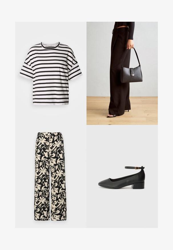 Striped black and white T-shirt, short sleeves, round neckline, featuring a small pocket on the left side, made of soft cotton fabric.; Black wide-leg pants with a cream floral pattern. Made of lightweight fabric, featuring a smooth texture and a high waistband.; Black leather pump with a pointed toe and a low block heel. Features an ankle strap with a gold-tone buckle. Smooth texture.; Black handbag with structured shape, smooth texture, and a metallic clasp. Paired with wide black pants and open-toe sandals on wooden floor.