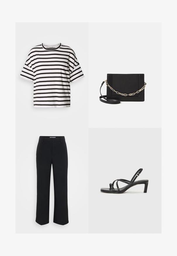 Striped black and white T-shirt, short sleeves, round neckline, featuring a small pocket on the left side, made of soft cotton fabric.; Black wide-leg trousers with a smooth texture, featuring a flat waistband and side pockets, designed with a minimalist aesthetic.; Black strappy sandal with a square toe and a low block heel. Features multiple thin straps and an adjustable ankle strap. Made of smooth leather.; Black leather crossbody bag featuring a smooth texture, rectangular shape, and a metallic chain detail on the front. Adjustable strap included.