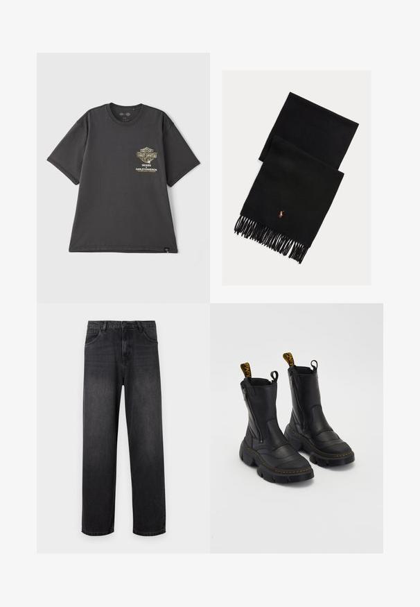 Black cotton t-shirt with short sleeves, featuring a gold logo on the left chest area. Straight hem and crew neck design.; Dark gray denim jeans with a straight-leg design, featuring a zip fly, five pockets, and subtle fading details on the fabric.; Black leather ankle boots with a chunky sole, side zipper, padded upper, and contrasting yellow pull tab. Textured surface with stitch detailing.; Black wool scarf with fringed edges and a small embroidered logo. Soft texture, rectangular shape, classic design, minimal detailing.