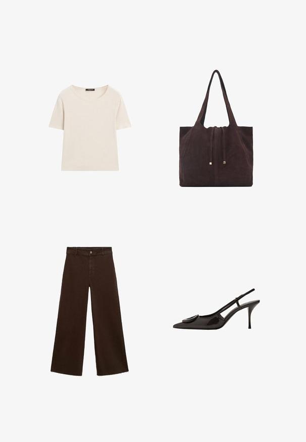 Korte mouwen, ronde hals t-shirt in lichtbeige, gemaakt van een zachte, ademende stof. Heeft een minimalistisch ontwerp en subtiele stiksels.; Bruine wijde broek in katoenmix, met een rafelige zoom, sluiting met een knoop aan de voorkant en een klassieke vijf-pocketstijl. Minimalistisch en veelzijdig.; Zwarte gepatineerde leren slingback schoen met puntige neus, minimalistisch ontwerp, kleine ronde accent op de voorkant, en slanke hak.; Mango Shopper - dark brown