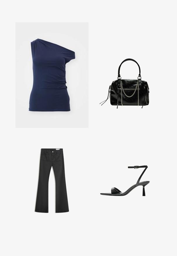 Weekday HERA DRAPE - Top - dark blue; Sorte flared jeans lavet af denim med en glat tekstur, som har to baglommer og en knaplukning i taljen.; Bershka Højhælede sandaletter / Højhælede sandaler - black; Bershka WITH CHAIN - Håndtasker - black