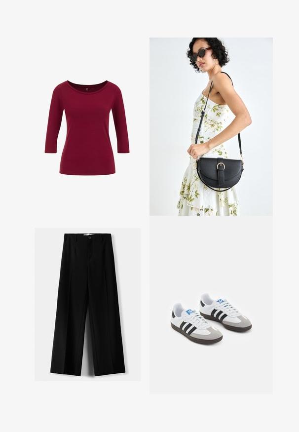 Burgunderfarbener Langarmoberteil mit weitem Ausschnitt, aus weichem Stoff mit glatter Textur. Verfügt über Ärmel in Dreiviertellänge.; Schwarze weite Hosen aus leichtem Stoff, mit einem Knopfverschluss vorne und flachem Bund, mit sorgfältig genähten Säumen.; Sportschuhe mit einem Obermaterial aus weißem Leder, grauer Wildleder-Zehenkappe und drei schwarzen Streifen. Sie verfügen über ein blaues Logo auf der Zunge und eine strukturierte Gummisohle.; Schwarze Lederhandtasche mit geschwungener Form, abnehmbarem Tragegurt und goldenen Beschlägen. Die Tasche verfügt über einen Deckel mit einer Schnallen-Details.