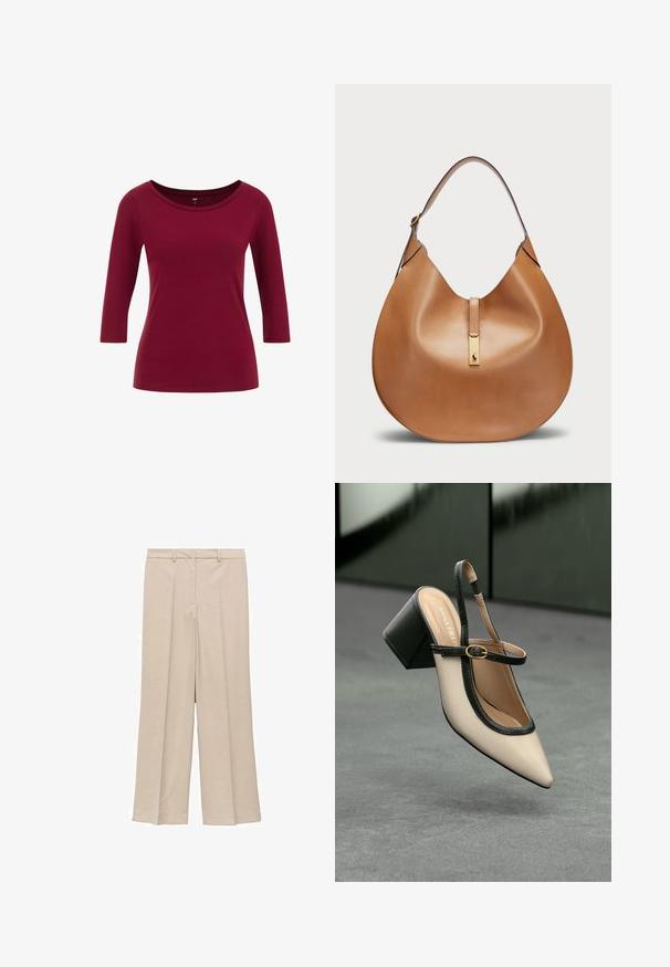 Bourgogne långärmad topp med vid halsringning, gjord av mjukt material med en slät textur. Har ärmar i tre fjärdedelar.; Ljusbeiga vida byxor med en slät yta, som har en plisserad framsida och sidofickor, samt en åtsittande midja.; Beige spetstoppad slingback-sko med svart kant, guldspänne och en kraftig blockklack på grått golv med mörkgrön bakgrund.; Tan läderhandväska med en böjd form och ett brett axelband. Har en guldfärgad metallaccent i mitten och en slät yta.