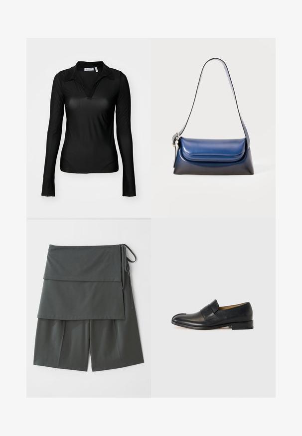 Weekday TRANSPARENT LONG SLEEVE - Maglietta a manica lunga - black; Pantaloni corti unisex grigio scuro con un design a strati, caratterizzati da un pannello superiore e lacci ai lati. Realizzati in un tessuto leggero e morbido.; Mocassini in pelle nera con texture liscia, punta arrotondata e una striscia prominente sulla parte anteriore; presentano un design minimalista.; Borsa a mano in pelle blu navy con finitura liscia, caratterizzata da una forma rotonda, un bordo superiore pieghettato e una singola tracolla. Include accessori in metallo argentato.