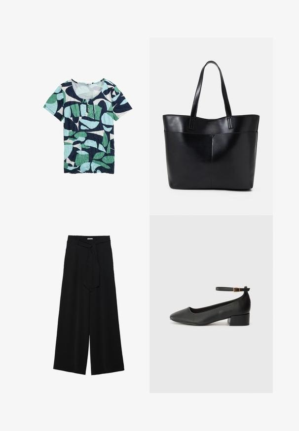 Short-sleeve top featuring a scoop neck, made from crinkled fabric, with a blue, green, and white leaf pattern. Three button detail at neck.; Black wide-leg pants featuring a textured fabric, an elastic waistband, and a detachable sash tie at the waist for adjustable fit.; Black leather pump with a pointed toe and a low block heel. Features an ankle strap with a gold-tone buckle. Smooth texture.; Black leather tote bag with two long handles, a smooth texture, and a structured shape. Features a front pocket for additional storage.