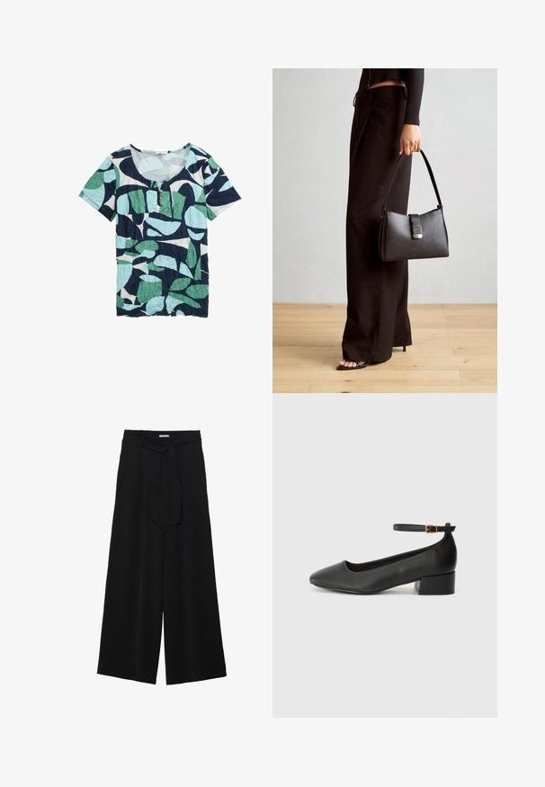 T-paita lyhyillä hihoilla, jossa on pyöreä kaula-aukko, valmistettu ryppyisestä kankaasta, sinisen, vihreän ja valkoisen lehvipatternilla. Kolme napin yksityiskohtaa kauluksessa.; Mustat leveät housut, joissa on teksturoitu kangas, joustava vyötärö ja irrotettava nauha vyötäröllä säädettävää istuvuutta varten.; Mustat nahkakengät, joissa on terävä kärki ja matala lohkare korko. Varustettu nilkkahihnalla, jossa on kultasävyinen solki. Lisää sileä pinta.; Musta käsilaukku, jossa on rakenteellinen muoto, sileä pinta ja metallinen solki. Yhdistetty leveisiin mustiin housuihin ja avonaiheisiin sandaaleihin puulattialla.