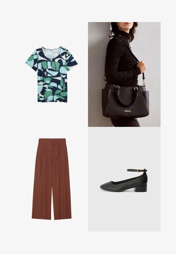 Tielko s krátkym rukávom so zaobleným výstrihom, vyrobené z naskrčeného materiálu, s modrým, zeleným a bielym vzorom listov. Tri gombíky na výstrihu.; Hnedé široké nohavice vyrobené z látky, s opaskom so štvorcovou prackou, s nariaseným dizajnom a hladkou textúrou.; Čierne kožené lodičky s špicatou špičkou a nízkym blokovým podpätkom. Obsahuje remienok okolo členka so zlatým prackou. Hladký povrch.; Čierna kabelka s textúrovaným povrchom, dvojitými hornými rúčkami a nastaviteľným ramenným popruhom. Obsahuje zlaté kovanie a bočné vrecká.