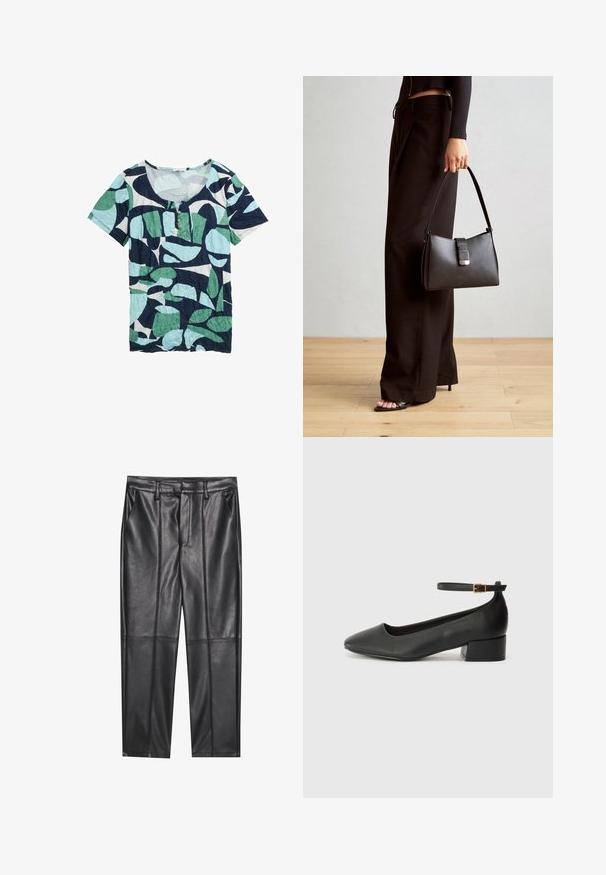 Lühikeste varrukatega topp, millel on ümar kaelus, valmistatud kurrutatud kangast, millel on sinise, rohelise ja valge lehe muster. Kaeluse juures on kolm nupuvajutuse detaili.; Mustad nahkpüksid sileda tekstuuriga, sirge lõikega, kahe eesmine taskuga ja nähtavate õmblusteta.; Must mustaapp, millel on terav nina ja madal blokk-kand. Omab pahkluu rihma koos kuldse tooni pandlaga. Sile tekstuur.; Must musta kott, millel on struktureeritud kuju, sile tekstuur ja metallist klamber. Kombineeritud laiate mustade pükstega ja avatud varvaste sandaalidega puidust põrandal.