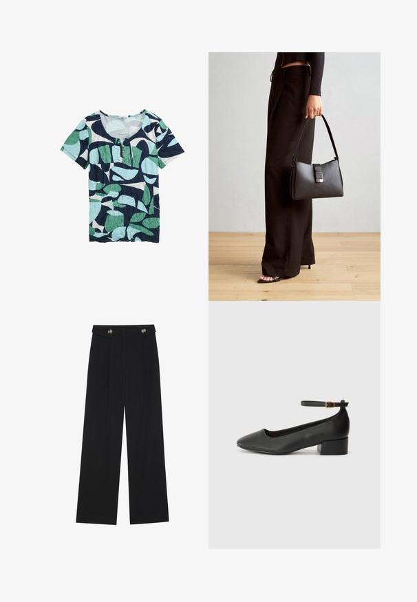 Short-sleeve top featuring a scoop neck, made from crinkled fabric, with a blue, green, and white leaf pattern. Three button detail at neck.; Black wide-leg trousers with high waist, button details on waistband, and front pleats.; Black leather pump with a pointed toe and a low block heel. Features an ankle strap with a gold-tone buckle. Smooth texture.; Black handbag with structured shape, smooth texture, and a metallic clasp. Paired with wide black pants and open-toe sandals on wooden floor.