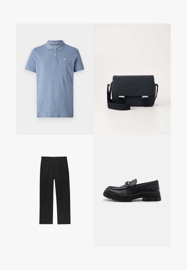 Polo tričko z svetlomodrej bavlny, s klasickým golierom, zapínaním na tri gombíky a malým logom na ľavej hrudi. Krátke rukávy.; Čierne nohavice s rovnými nohavicami, vyrobené z hladkej tkaniny. Majú predné puky a jediné gombíkové zapínanie v páse.; Čierne kožené mokasíny s okrúhlym špičkou, dekoračným pásikom a kovovými prvkami, a robustnou textúrovanou podrážkou. Hladký povrch s jemnými detailami.; Lacoste CROSSOVER BAG CLASSIC - Taška cez plece - noir; Strieborné kovové hodinky s brúseným modrým ciferníkom, bielymi indexmi a zobrazením dátumu. Majú prepojený kovový remienok a logo značky.; Strieborný náhrdelník s reťazou, ktorý má hrubé články a centrálny kruhový pendant s zložitými detailmi. Hladký, odrazový povrch z kovu.