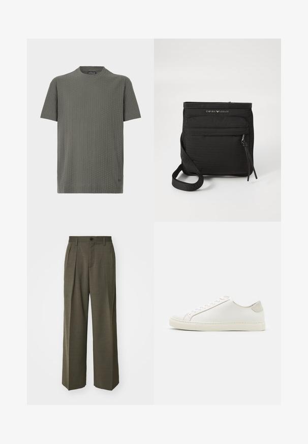 Trumpomis rankovėmis marškinėliai alyvuogių žalia spalva, tekstūruotas audinys su subtiliu raštu, apvalus kaklas, laisvas kirpimas ir mažas logotipas apačioje.; Filippa K WIDE TROUSERS - Kelnės - driftwood; Baltos odinės sportinės avalynės, lygiu paviršiumi, apvaliu nosiu ir minimalistiniu dizainu. Su smėlio spalvos akcentais ant kulno ir guminis padas.; Juodas „Emporio Armani“ per petį nešiojamas krepšys su priekinės užtrauktuko kišenės, reguliuojamu dirželiu ir logotipo detale ant struktūrinio audinio.