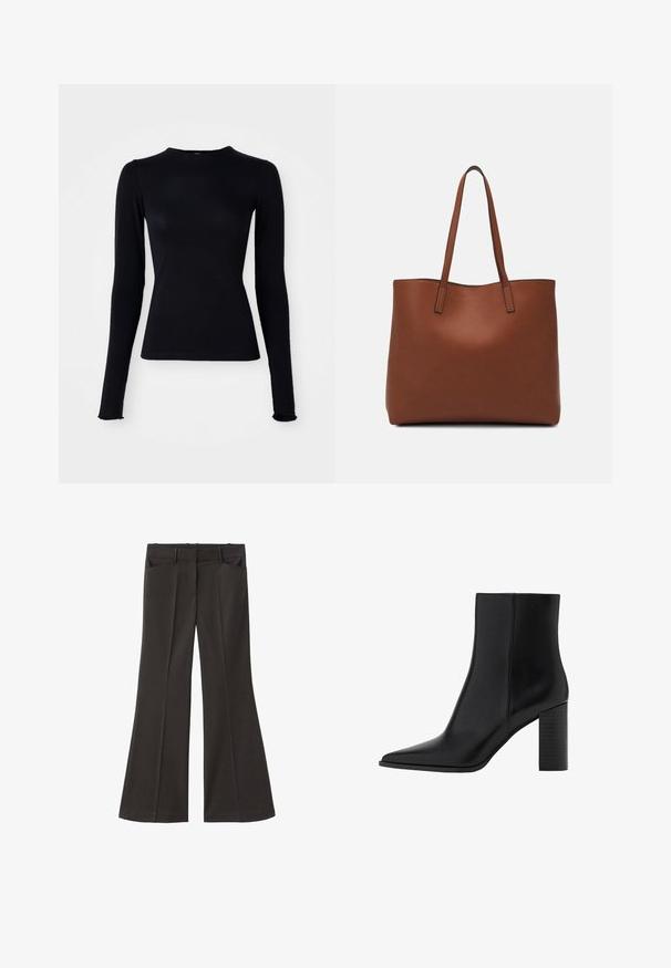 Musta pitkähihaine paita, joka on valmistettu sileästä ja joustavasta kankaasta. Siinä on korkea kaula-aukko ja slim fit -leikkaus, ja hihoissa on hieman levenevät hihansuukkeet.; Mustat vyötäröltä korkealla loistavat housut; niissä on kaksi etutaskua ja sileä kangaspinta. Sopii eri tilaisuuksiin.; Mustat nahkakengät nilkkapituisilla, teräväkärkisillä, neliskanttisine kannallinen, sileä pinta ja ompeluyksityiskohtia saumoissa. Kannan korkeus on noin 3,5 tuumaa.; Ruskea nahkainen olkalaukku, jossa on sileä pinta, avoin yläosa ja kaksi olkahihnaa. Omaavat vain minimaalisen ompelun eikä näkyvää metalliosaa.