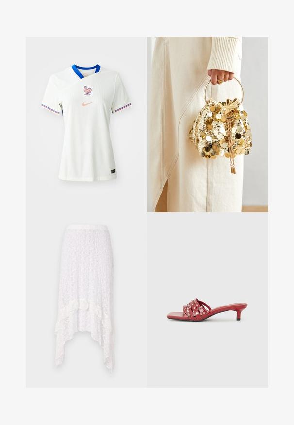 Valge Nike jalgpallipluus sinise kraega, millel on kukke embleem ja "FFF" logo ning punased ja sinised triibud varrukatel.; Krobeline valge seelik tekstuursete lillemustriga, kõrge-auge hemiga ja volangidega äärtes, millel on elastne vöökoht.; Punased avatud varbaga moolid madala kandega, millel on mitu horisontaalset rihma ümmarguste aktsentidega. Sile, läikiv viimistlus. Ruudukujuline varvas.; Kuldse sära ja paelaga kott ringikujulise käepidemega, millel on läikivad ümmargused sequins ja tekstureeritud kangas. Mõõtmed ei ole esitatud.