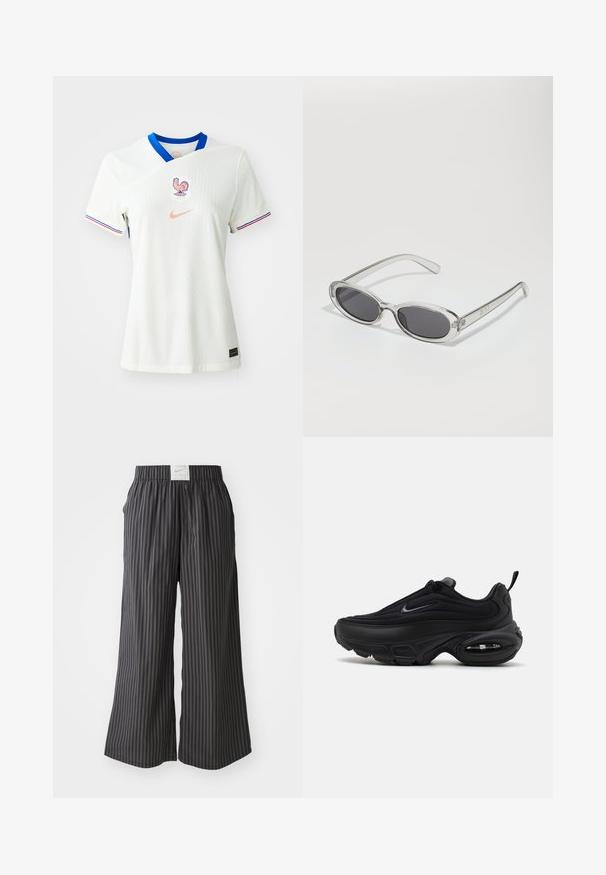 Balta Nike futbola krekls ar zilu apkakli, uz kura ir gailis un "FFF" logo, kā arī sarkano un zilo svītru akcenti uz piedurknēm.; Melni un pelēki svītraini platās kājas bikses ar elastīgu jostu un Nike logo birku aizmugurē. Viegls audums, brīvs piegriezums.; Melnas sporta kurpes ar gludu, teksturētu virsu. Iespējas ietver apaļu pirkstu daļu, mīksto apkakli un redzamu gaisa atsperes sistēmu zole.; Saulesbrilles ar ovālu formu, caurspīdīgu plastmasas rāmi, tumši pelēkiem stikliem un plāniem caurspīdīgiem kātiem, kas satur logotipa akcentus un minimālu noformējumu.