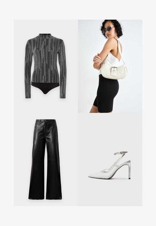 Fekete bodysuit hosszú ujjakkal és magas nyakkal. Jellemzője egy textúrázott szürke minta, amely függőleges csíkokra emlékeztet. Simább anyagú felület.; Fekete, magas derekú, széles lábú, műbőr nadrág elülső gombbal, cipzárral, övbújtatókkal és oldalsó zsebekkel, fehér háttérrel.; Áttetsző anyagú, hegyes orrú, tiszta stiletto sarokcipő, fémes ezüst díszítéssel és állítható bokahevederrel.; Fehér bőr kézitáska ívelt formával, állítható pánttal és egy kis csattal. A modellen fitted fekete ruha van.