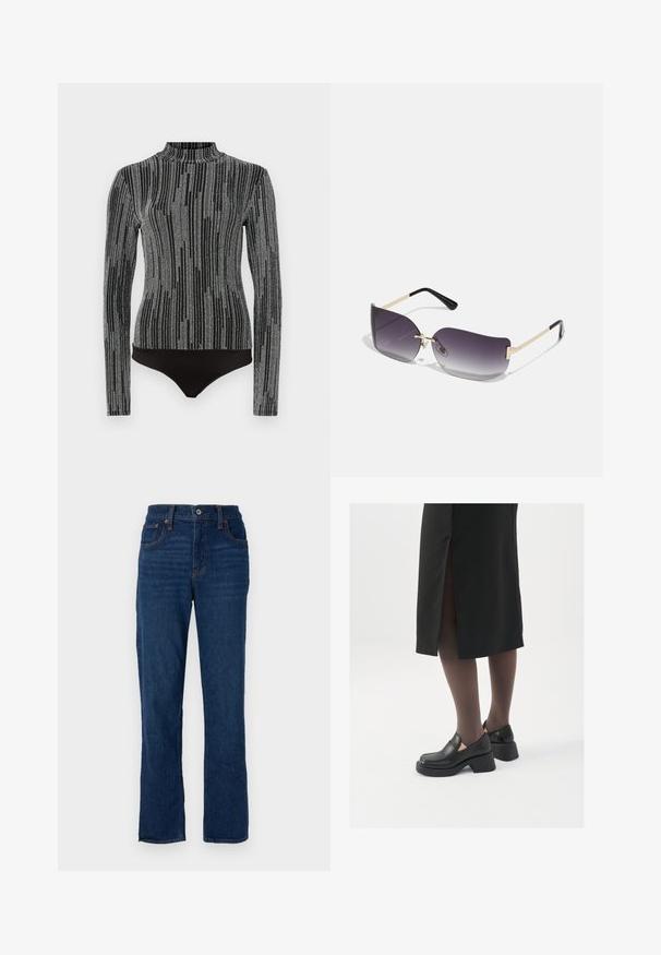Bodysuit noir à manches longues et col haut. Présente un motif texturé gris ressemblant à des rayures verticales. Fini en tissu lisse.; Jean droit en denim bleu foncé avec un design à cinq poches, des coutures orange et une fermeture à bouton au niveau de la taille.; Chaussures noires en cuir avec un bout arrondi, un épais talon bloc et des accents latéraux élastiques, associées à des bas foncés et une jupe noire avec une fente.; Lunettes de soleil avec une lentille dégradée grise, une monture en métal doré et des accents en plastique noir. Lentilles uniques en forme de papillon avec des branches fines.; Boucles d'oreilles en argent en forme de créoles avec un design torsadé, dotées d'une finition polie et d'une fermeture à poussoir. Mesurent environ 3 cm de diamètre.