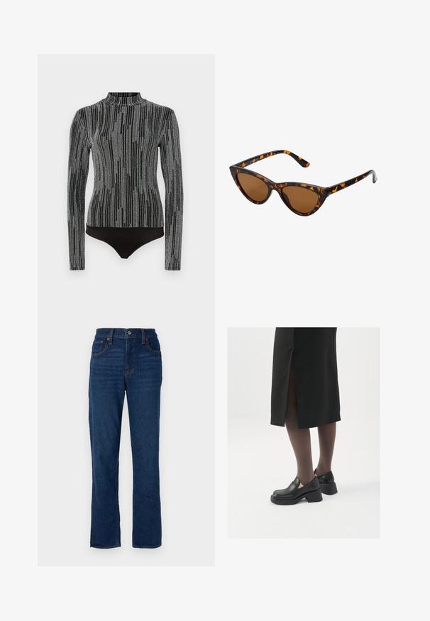 Sort bodysuit med lange ærmer og høj hals. Har et struktureret gråt mønster, der minder om lodrette striber. Glat stoffinish.; Mørkeblå denim straight-leg jeans med fem lomme-design, orange syninger og en knaplukning i taljen.; Sorte lædersko med rund tå, kraftig blokhæl og elastiske sideaccentuer, parret med mørke strømpebukser og en sort nederdel med slids.; Kat-ejede solbriller med en sort og orange skildpaddemønstret stel, brune linser og slanke, spidse ender. Har et minimalistisk logo på skabelsen.